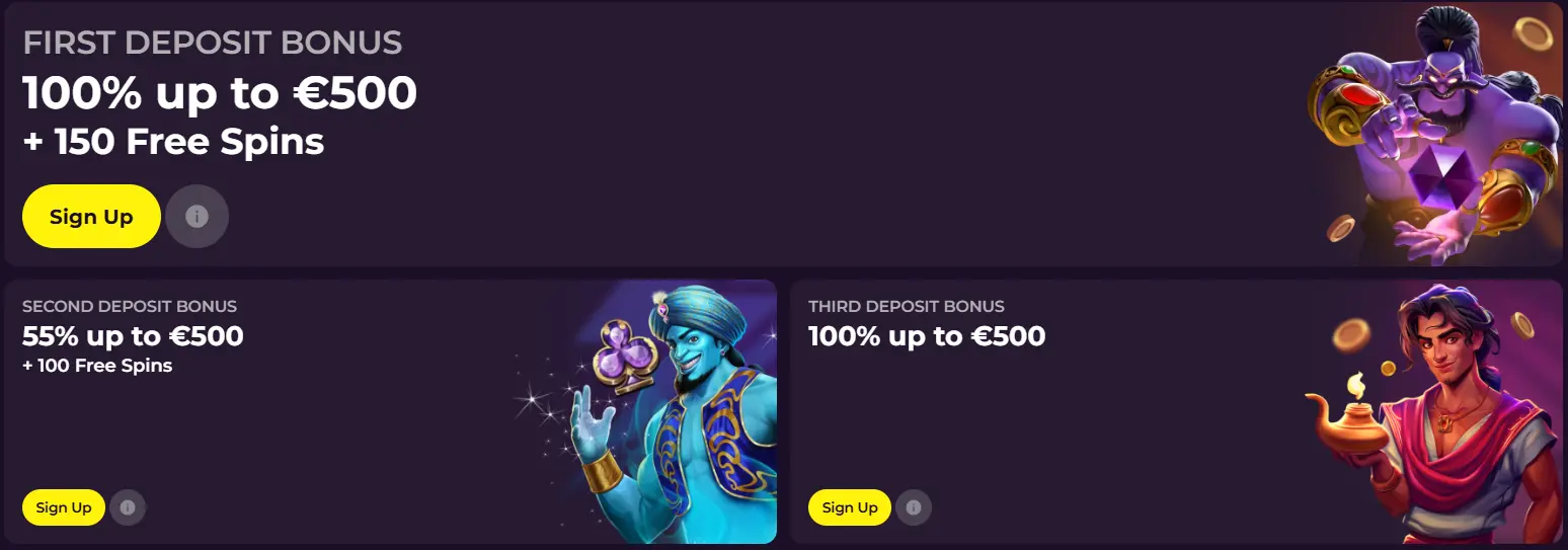 Zumospin welkomstpakket — 1e storting 100% tot €500 + 150 Free Spins, 2e storting 55% tot €500 + 100 Free Spins, 3e storting 100% tot €500